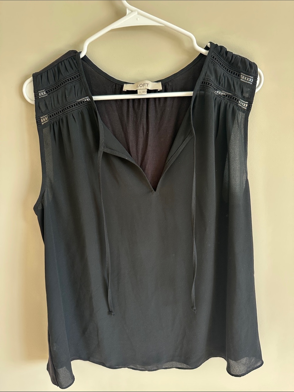 LOFT Black Sleeveless Split-Neck Blouse with Knit Back